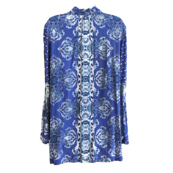 Free People Mini Dress Blue Purple Geo Floral Long Bell Sleeves Ruffle Collar S - Picture 4 of 9